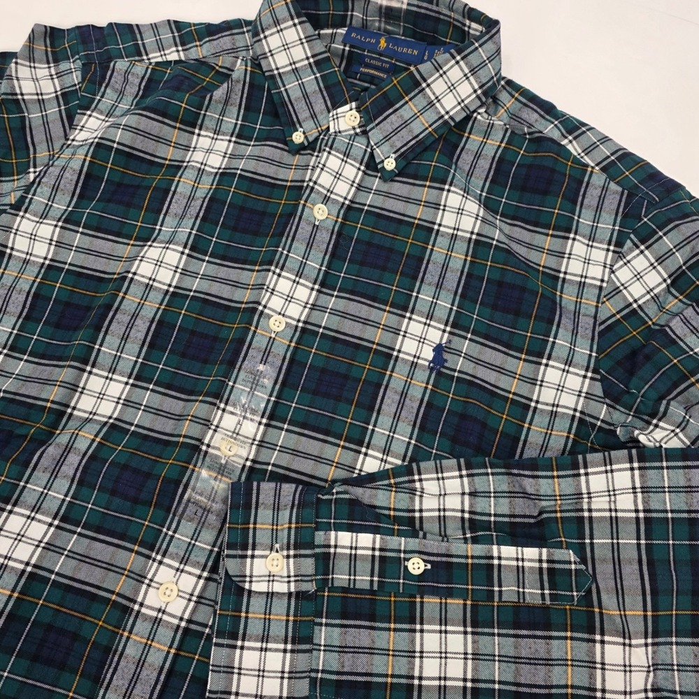RALPH LAUREN PERFORMANCE BUTTON DOWN SHIRT MENS LARGE GREEN CLASSIC FIT PLAID